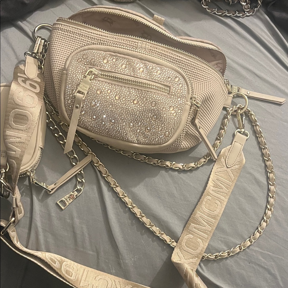 Steve Madden Beige Crossbody Bag with Chain and Embellishments